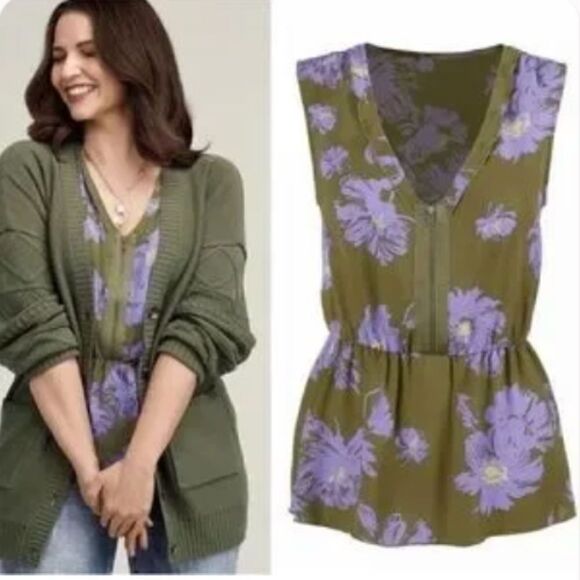 CAbi Tops - Cabi 4184 Scenic Route Green Floral Peplum Celebrity Tank Top Blouse Medium